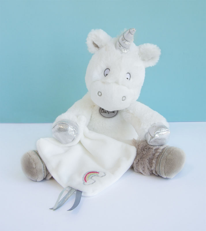  peluche licorne gris blanc argent arc en ciel 